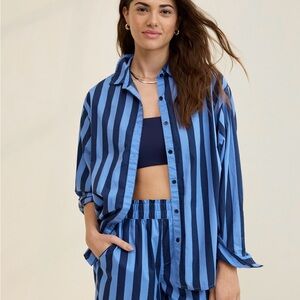Aerie Blue Oversized Striped Button Down Shirt Size S